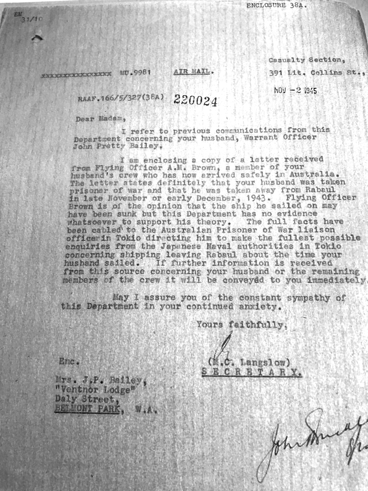 Allan Brown’s Statement forwarded to Marjorie Bailey